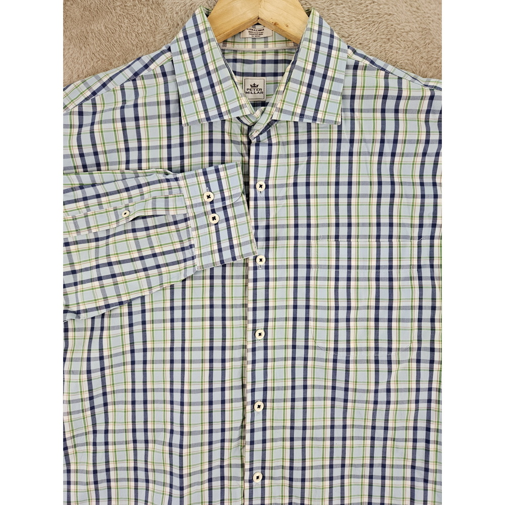 Peter Millar Dress Shirt 100% Cotton Button-down Blue Green White Plaid Size XXL